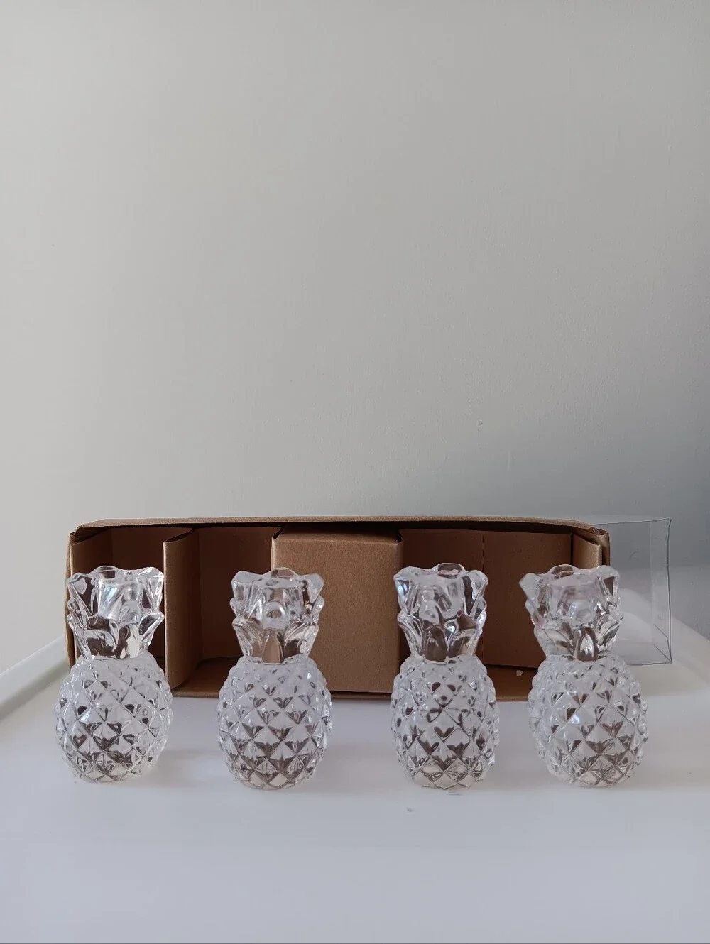 Williams Sonoma Clear Glass Pineapple Taper Candle Holders Set of 4 New in Box